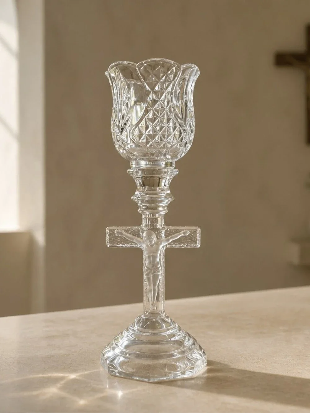Homco Glass Candle Holder Jesus Crucifix Home Interiors  Vintage 10